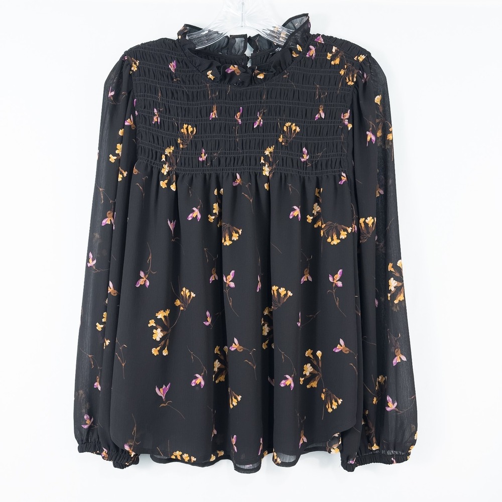 Madewell Georgette Ruffle Collar Smocked Top Large Freesia Floral Dark Romantic